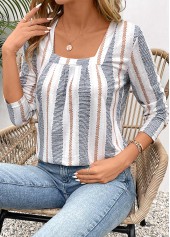 White tops,Striped tops,Geometric tops,Dot tops,Patchwork Striped Square Neck Long Sleeve T Shirt