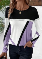 Light Purple plus size,White plus size,Geometric plus size,Striped plus size,ROTITA Plus Size Patchwork Light Purple Geometric Print T Shirt