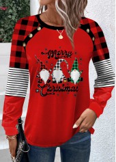 Wine Red tops,Christmas tops,Plaid tops,Striped tops,Letter tops,ROTITA Button Christmas Print Wine Red Round Neck T Shirt