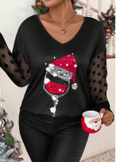 Black plus size,Christmas plus size,Dot plus size,ROTITA Plus Size Mesh Black Christmas Print T Shirt
