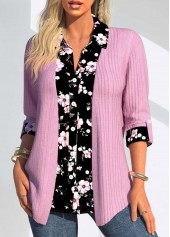 Pink tops,Plants tops,Floral tops,ROTITA Random Floral Print Pink Fake Two Piece Twinset