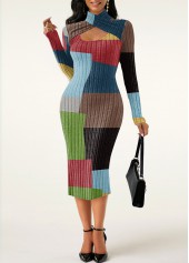 Rainbow Color dresses,Geometric dresses,Plaid dresses,Party dresses,Elegant dresses,ROTITA Plus Size Tummy Coverage Geometric Print Halter Bodycon Dress