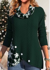 Blackish Green tops,White tops,Christmas tops,Plaid tops,Striped tops,Geometric tops,ROTITA Button Christmas Snowflake Print Blackish Green Cowl Neck Sweatshirt