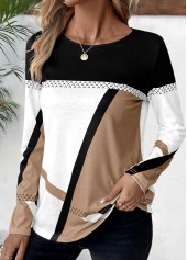 Rotita Plus Size Patchwork-T-Shirt mit geometrischem Print in hellem Kaffee