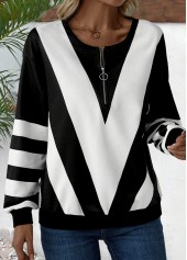 Black tops,White tops,Striped tops,Geometric tops,ROTITA Zipper Striped Black Round Neck Long Sleeve Sweatshirt