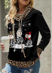 Rotita-Patchwork-Leoparden-Weihnachts-Sweatshirt in hellem Kaffeebraun mit Wasserfallausschnitt