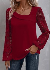 Wine Red tops,Plain Color tops,ROTITA Plus Size Lace Wine Red Asymmetrical Neck Blouse