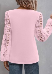 Light Pink tops,Plain Color tops,ROTITA Lace Light Pink Asymmetrical Neck Long Sleeve Blouse