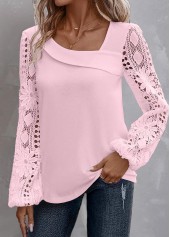 Light Pink tops,Plain Color tops,ROTITA Lace Light Pink Asymmetrical Neck Long Sleeve Blouse