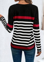 Black plus size,White plus size,Striped plus size,Geometric plus size,ROTITA Plus Size Patchwork Black Striped Round Neck T Shirt