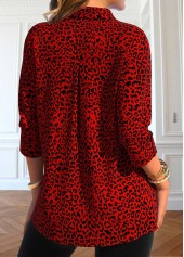 Red tops,Leopard tops,ROTITA Button Leopard Red Shirt Collar Long Sleeve Blouse
