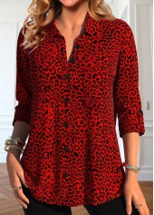 Red tops,Leopard tops,ROTITA Button Leopard Red Shirt Collar Long Sleeve Blouse