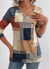 Light Camel tops,Navy tops,Plaid tops,Geometric tops,Striped tops,ROTITA Asymmetry Plaid Light Camel Asymmetrical Neck T Shirt