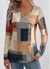Light Camel tops,Navy tops,Plaid tops,Geometric tops,Striped tops,ROTITA Asymmetry Plaid Light Camel Asymmetrical Neck T Shirt