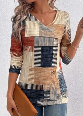 Rotita Asymmetry Plaid T-Shirt mit asymmetrischem Ausschnitt in hellem Kamel