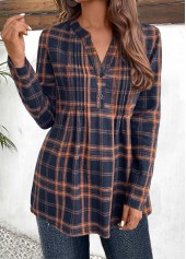 Navy tops,Plaid tops,Geometric tops,Striped tops,ROTITA Tuck Stitch Plaid Navy Split Neck Long Sleeve Blouse