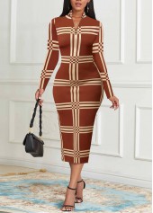 Robe moulante rayée grande taille Rotita couvrant le ventre couleur café clair