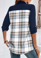 Blue tops,Plaid tops,Striped tops,Geometric tops,ROTITA Patchwork Plaid Blue Shirt Collar Half Sleeve Blouse