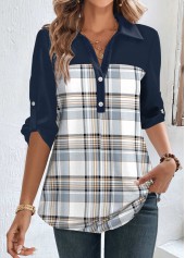 Blue tops,Plaid tops,Striped tops,Geometric tops,ROTITA Patchwork Plaid Blue Shirt Collar Half Sleeve Blouse
