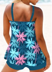 Peacock Blue swimwear,Plants swimwear,ROTITA Circular Ring Peacock Blue Tropical Plants Print Tankini Set