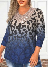 Dark Blue plus size,Leopard plus size,Ombre plus size,ROTITA Plus Size Asymmetry Dark Blue Leopard T Shirt