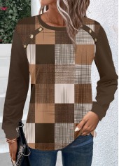 Dark Coffee tops,Geometric tops,Plaid tops,Striped tops,ROTITA Button Geometric Print Dark Coffee Round Neck T Shirt