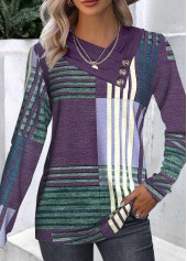 Rotita Patchwork-Langarm-T-Shirt mit geometrischem Aufdruck und asymmetrischem Ausschnitt