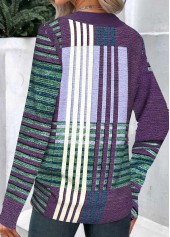 Purple tops,Green tops,Geometric tops,Striped tops,ROTITA Patchwork Geometric Print Asymmetrical Neck Long Sleeve T Shirt