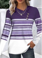 Purple tops,Striped tops,Geometric tops,ROTITA Button Striped Asymmetrical Neck Long Sleeve T Shirt