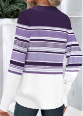 Purple tops,Striped tops,Geometric tops,ROTITA Button Striped Asymmetrical Neck Long Sleeve T Shirt