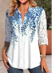 White tops,Blue tops,Plants tops,Ombre tops,ROTITA Lace Leaf Print White Shirt Collar Long Sleeve Blouse