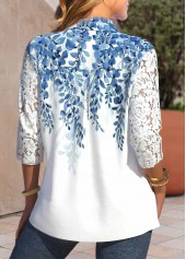 White tops,Blue tops,Plants tops,Ombre tops,ROTITA Lace Leaf Print White Shirt Collar Long Sleeve Blouse
