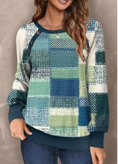 Multi Color tops,Geometric tops,Striped tops,Plaid tops,ROTITA Button Geometric Print Multi Color Round Neck Sweatshirt