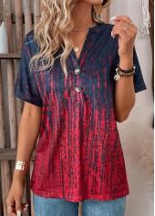 Wine Red tops,Ombre tops,Button Ombre Wine Red Split Neck T Shirt