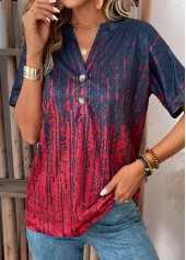 Wine Red tops,Ombre tops,Button Ombre Wine Red Split Neck T Shirt