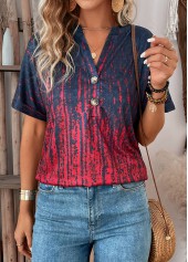 Wine Red tops,Ombre tops,Button Ombre Wine Red Split Neck T Shirt