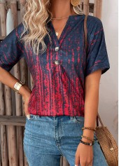 Wine Red tops,Ombre tops,Button Ombre Wine Red Split Neck T Shirt