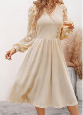 Beige dresses,Plain Color dresses,Everyday dresses,Casual dresses,ROTITA Patchwork Beige V Neck Long Sleeve Dress
