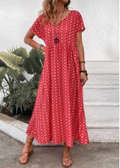 Red dresses,Geometric dresses,Floral dresses,Plants dresses,Dot dresses,Everyday dresses,Casual dresses,ROTITA Pocket Geometric Print Red Maxi A Line Dress