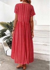 Red dresses,Geometric dresses,Floral dresses,Plants dresses,Dot dresses,Everyday dresses,Casual dresses,ROTITA Pocket Geometric Print Red Maxi A Line Dress