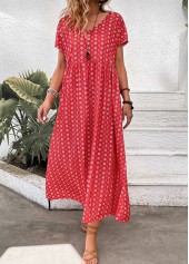 Red dresses,Geometric dresses,Floral dresses,Plants dresses,Dot dresses,Everyday dresses,Casual dresses,ROTITA Pocket Geometric Print Red Maxi A Line Dress