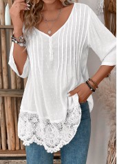 White tops,Plain Color tops,ROTITA Patchwork White V Neck 3/4 Sleeve Blouse