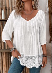 White tops,Plain Color tops,ROTITA Patchwork White V Neck 3/4 Sleeve Blouse