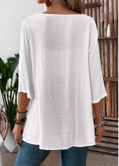 White tops,Plain Color tops,ROTITA Patchwork White V Neck 3/4 Sleeve Blouse