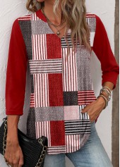 Wine Red tops,Geometric tops,Striped tops,ROTITA Geometric Print Wine Red T Shirt