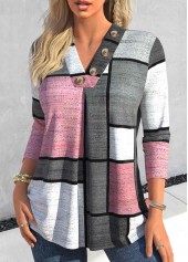 Pink tops,Geometric tops,Striped tops,Plaid tops,ROTITA Button Geometric Print Pink V Neck T Shirt
