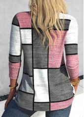 Pink tops,Geometric tops,Striped tops,Plaid tops,ROTITA Button Geometric Print Pink V Neck T Shirt