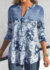Denim Blue tops,Floral tops,Plants tops,ROTITA Patchwork Floral Print Denim Blue Split Neck Blouse