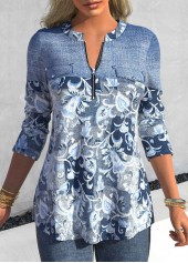 ROTITA Patchwork Floral Print Denim Blue Split Neck Blouse