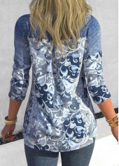Denim Blue tops,Floral tops,Plants tops,ROTITA Patchwork Floral Print Denim Blue Split Neck Blouse